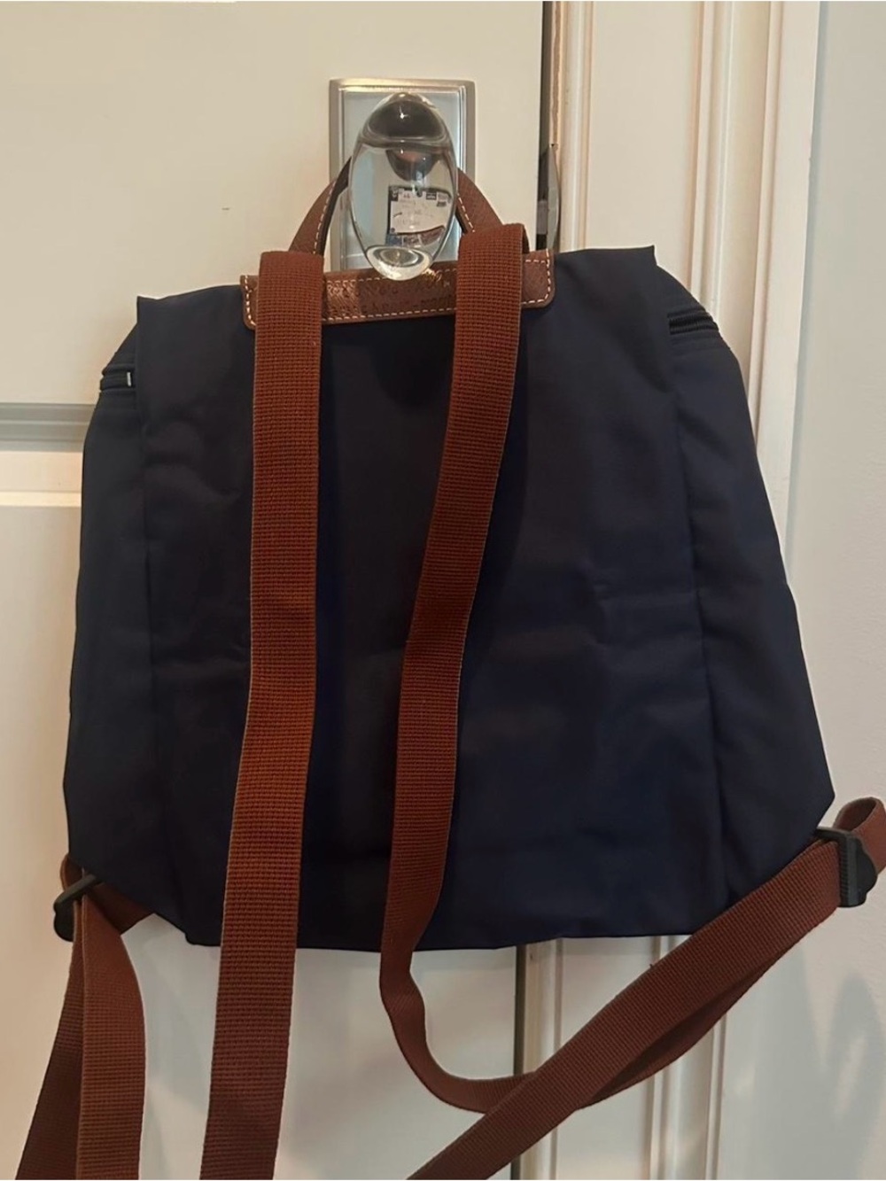 Longchamp Navy Blue Nylon Backpack with Brown Leather Trim - Picture 3 of 8